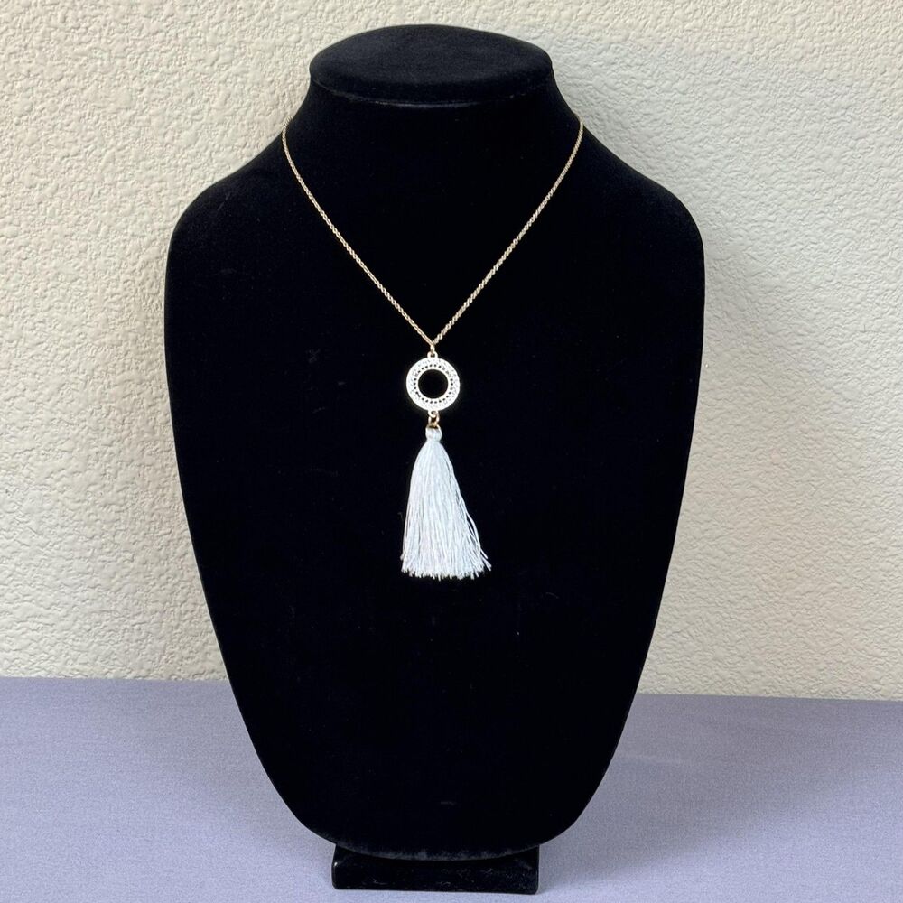 Gold Tone White Tassel Pendant Necklace Womens Boho Fringe Statement Jewelry